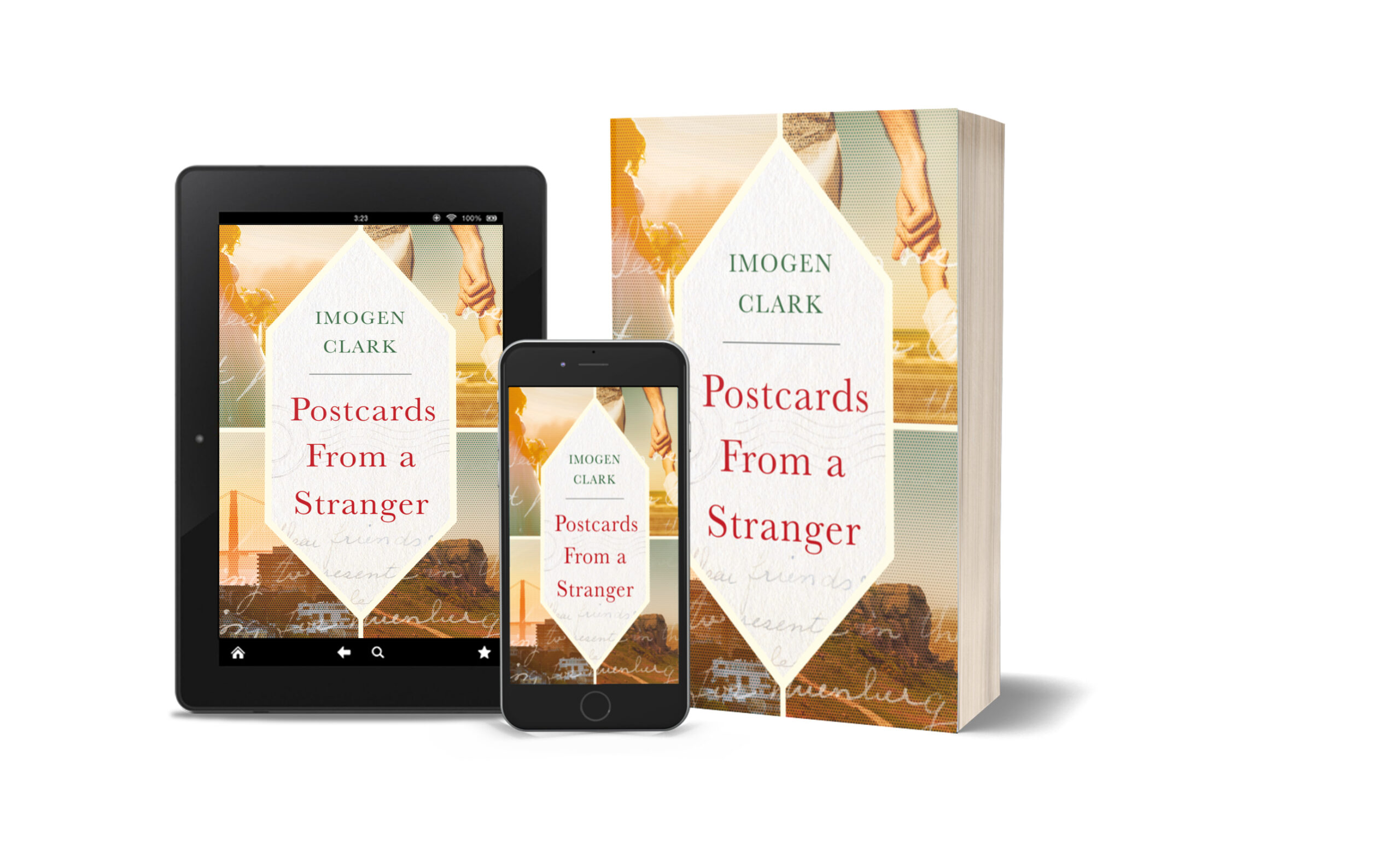 Image shows the book Postcards From a Stranger in kindle, phone and paperback format