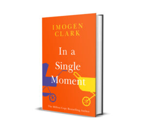 Image shows an orange book titled In a Single Moment by Imogen Clark