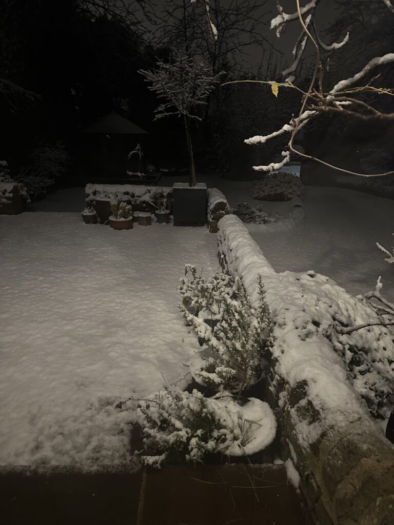 Picture shows snow on a garden patio. 
