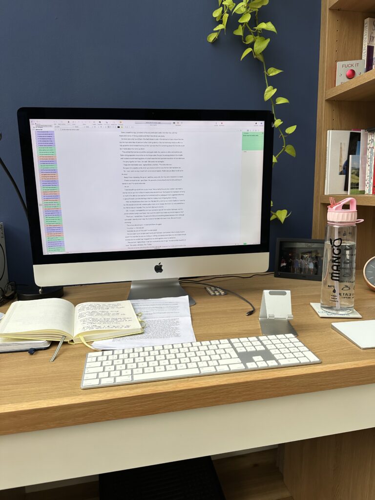 Image shows a computer with a file open on it and a desk with a notebook and a bottle of water. 